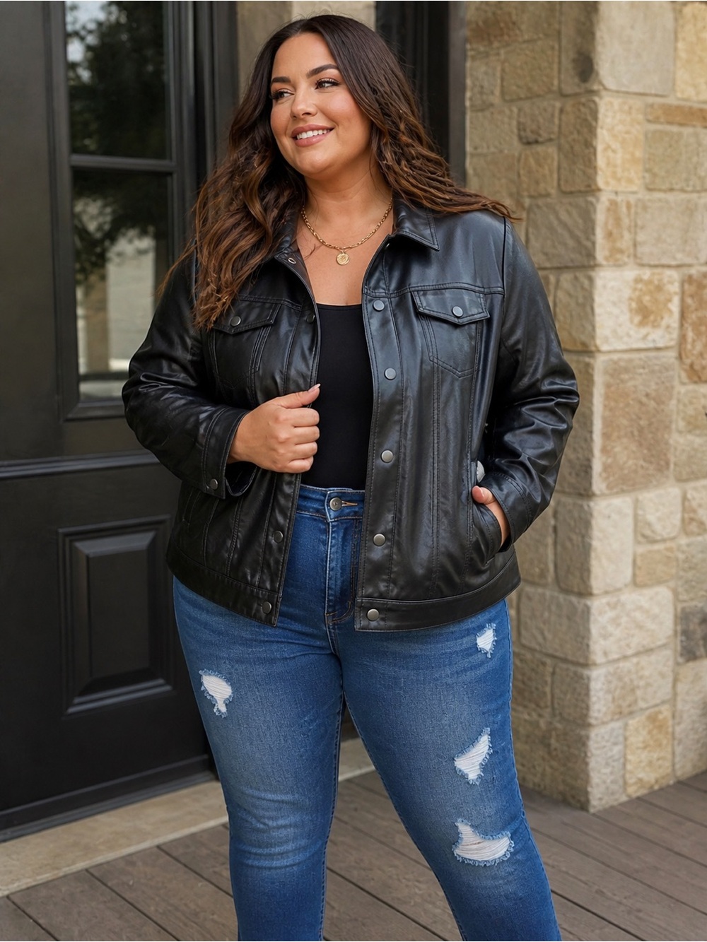 Torrid Black Faux Leather Trucker Jacket Size 2 (2X) Button Front
